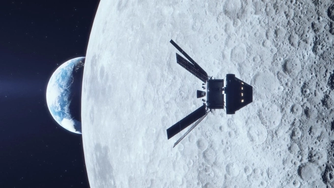 Ilustrasi pesawat ruang angkasa yang membawa manusia dalam misi Artemis terbang di sekitar Bulan. Foto: NASA